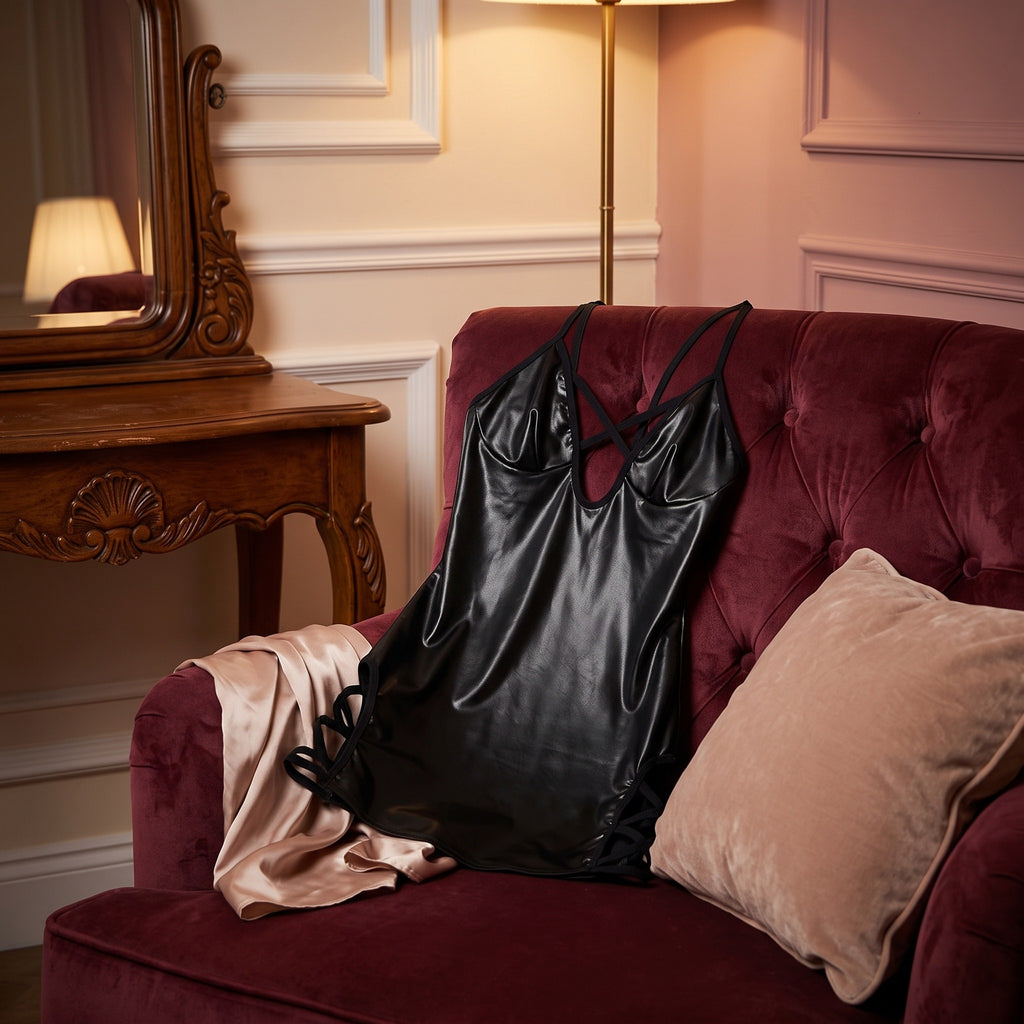 Nuisette noire effet cuir drapee sur un fauteuil boudoir bordeaux