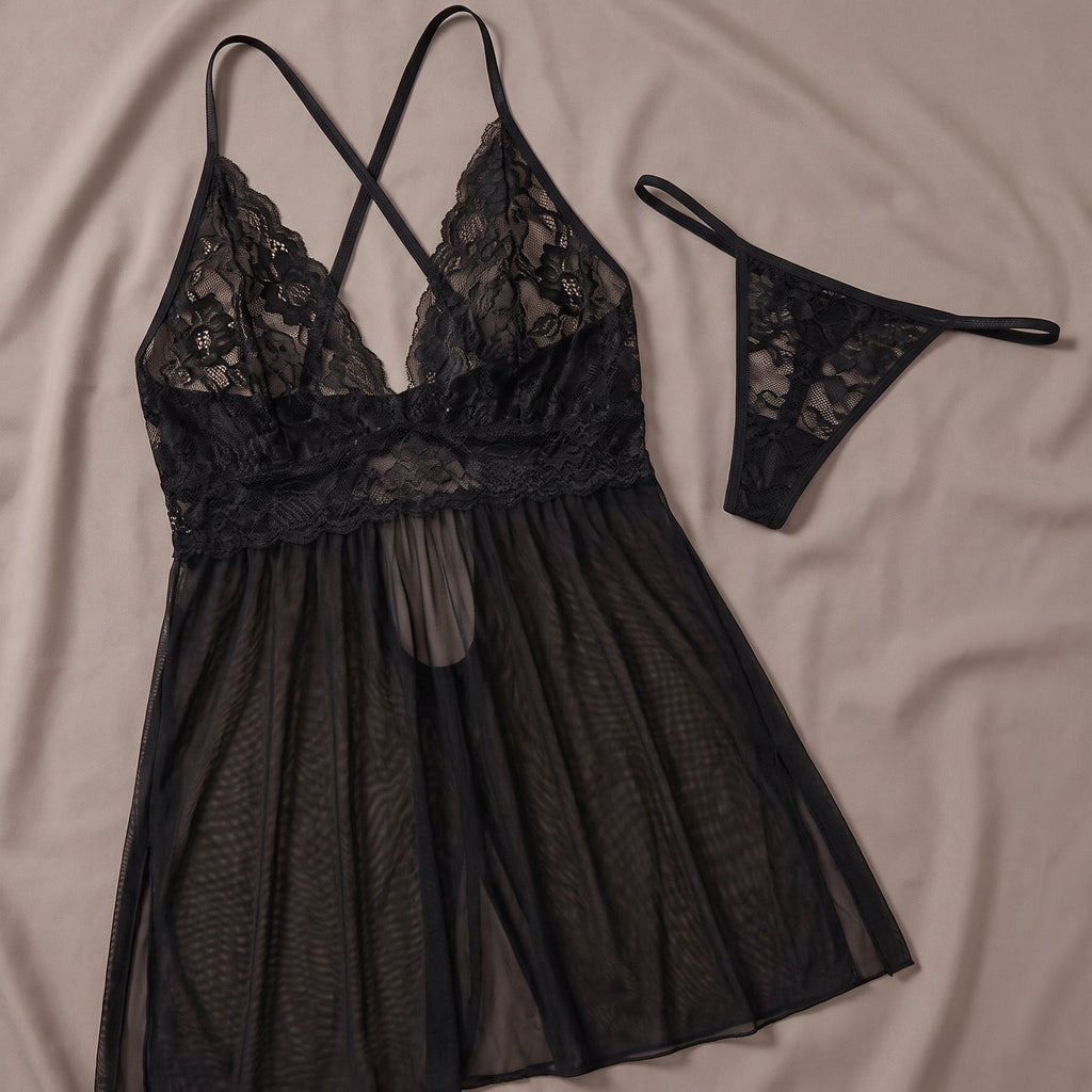 La séduction taillée pour vos courbes — Nuisette Babydoll Grande Taille Noire en Dentelle