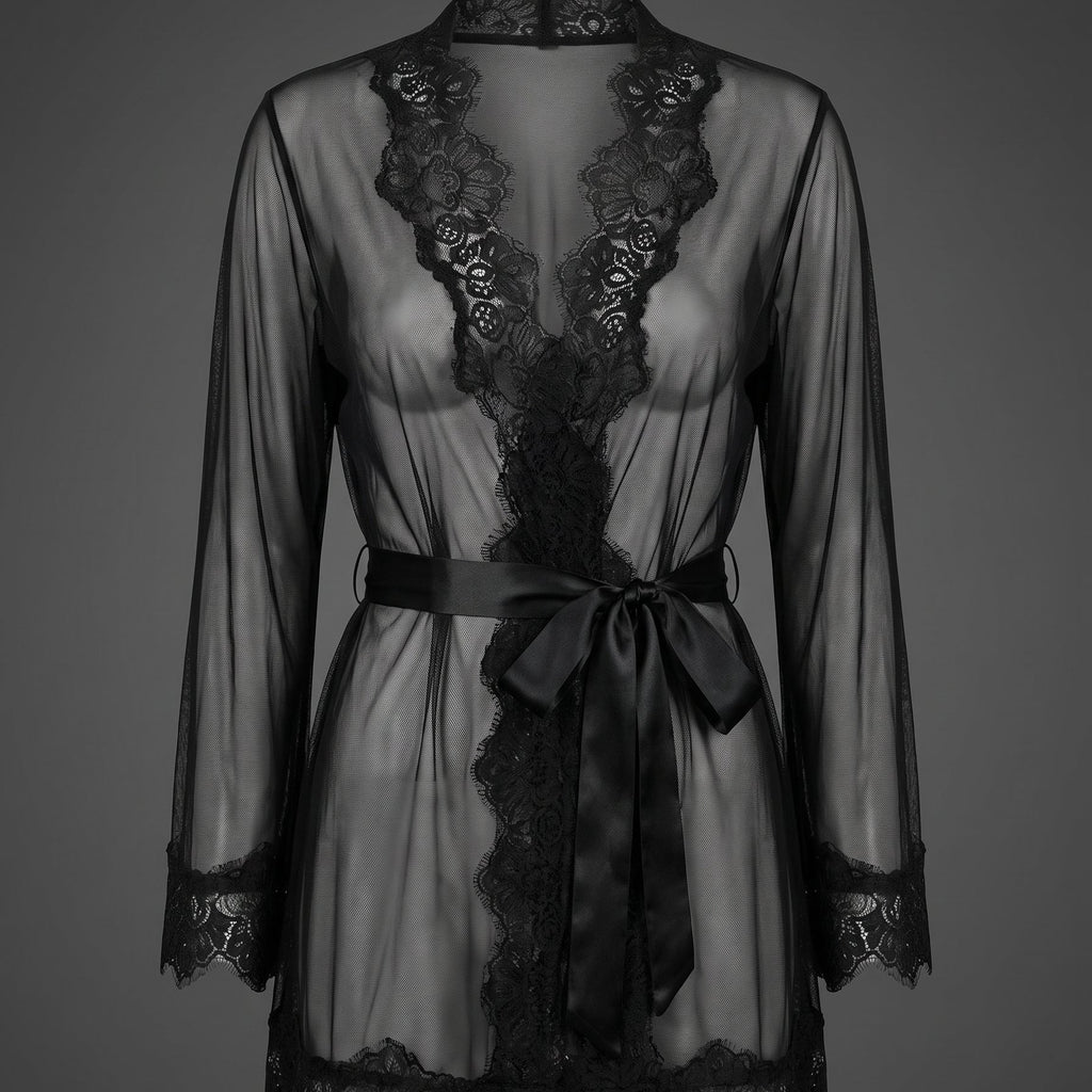 La transparence qui affole — Nuisette peignoir noir transparent en dentelle
