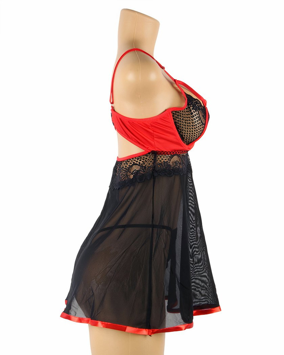Nuisette transparente noire et rouge vue de côté sur mannequin de présentation