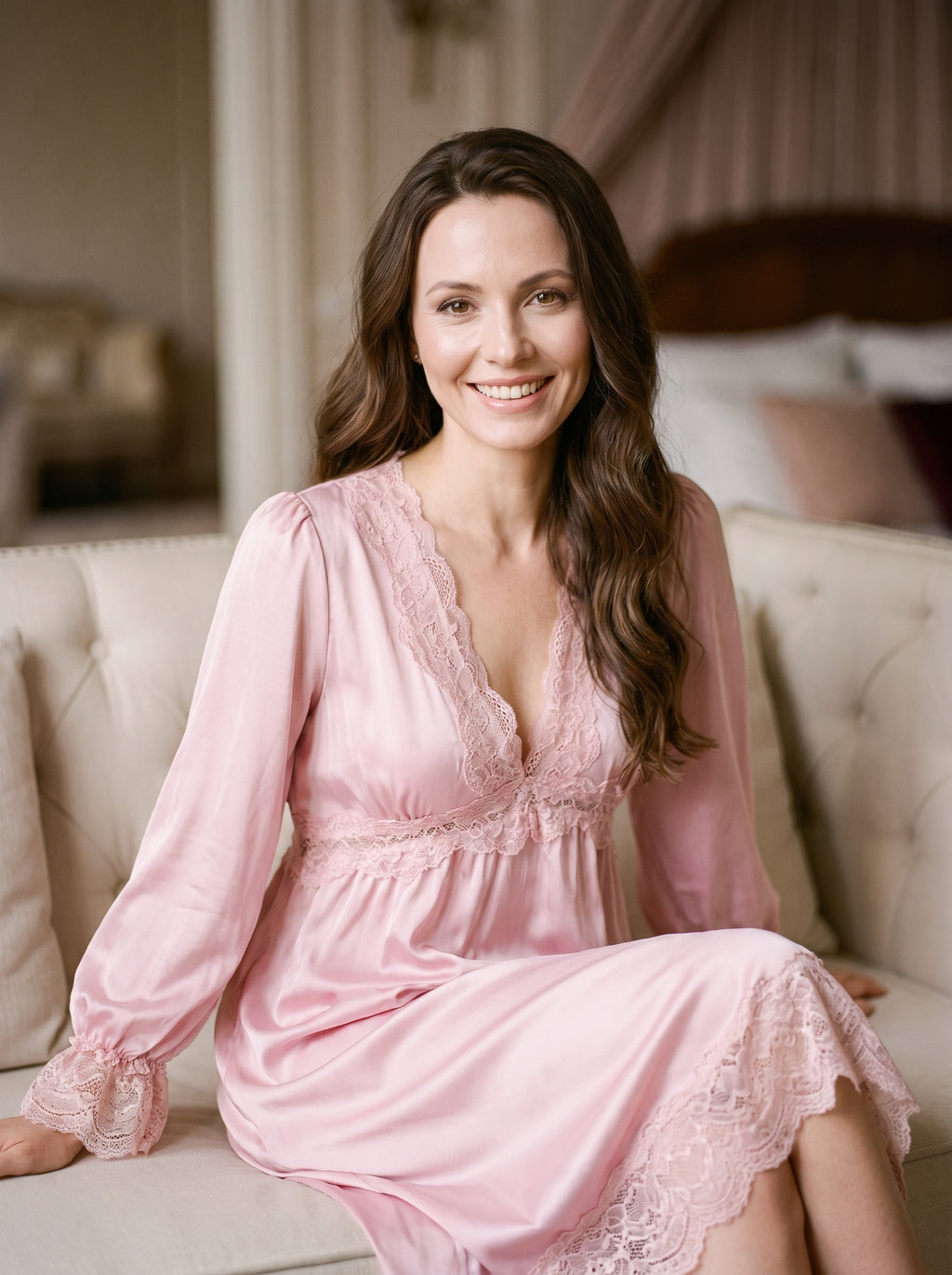 Porté modèle souriant de la nuisette longue rose en satin, décolleté plongeant bordé de dentelle