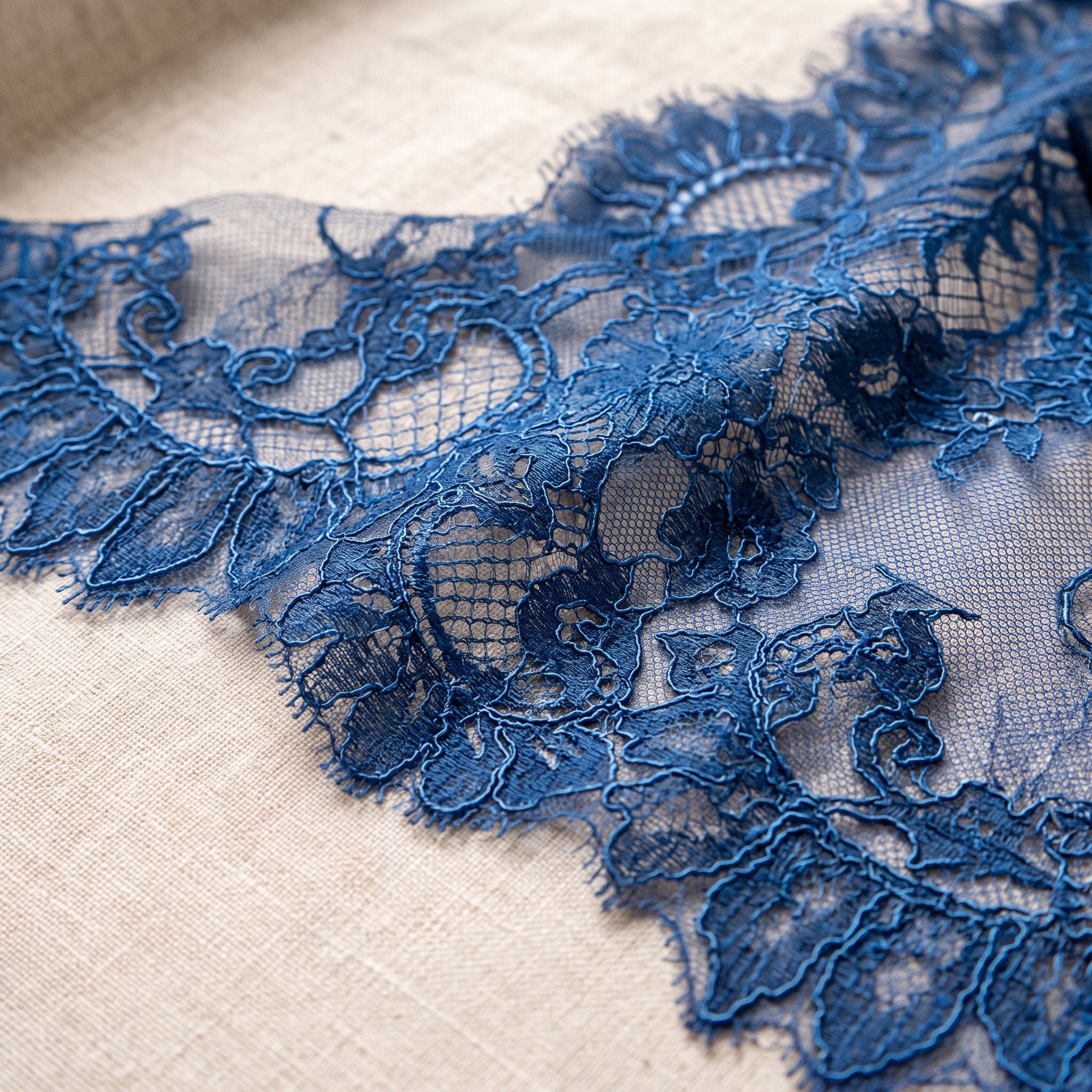 Detail macro de la dentelle florale bleue de la nuisette-pour-femmes-en-dentelle-bleue-a-col-en-v Image