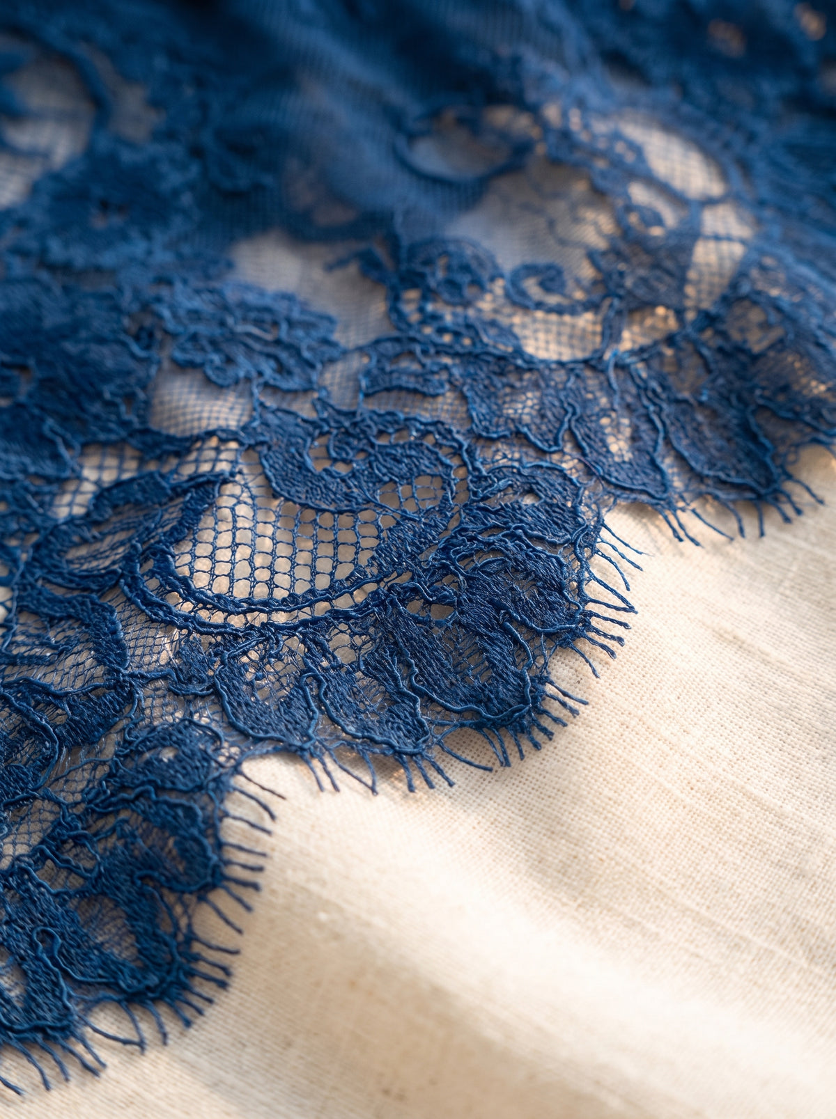 Gros plan macro de la dentelle florale bleue, ourlet festonne et texture du tissu