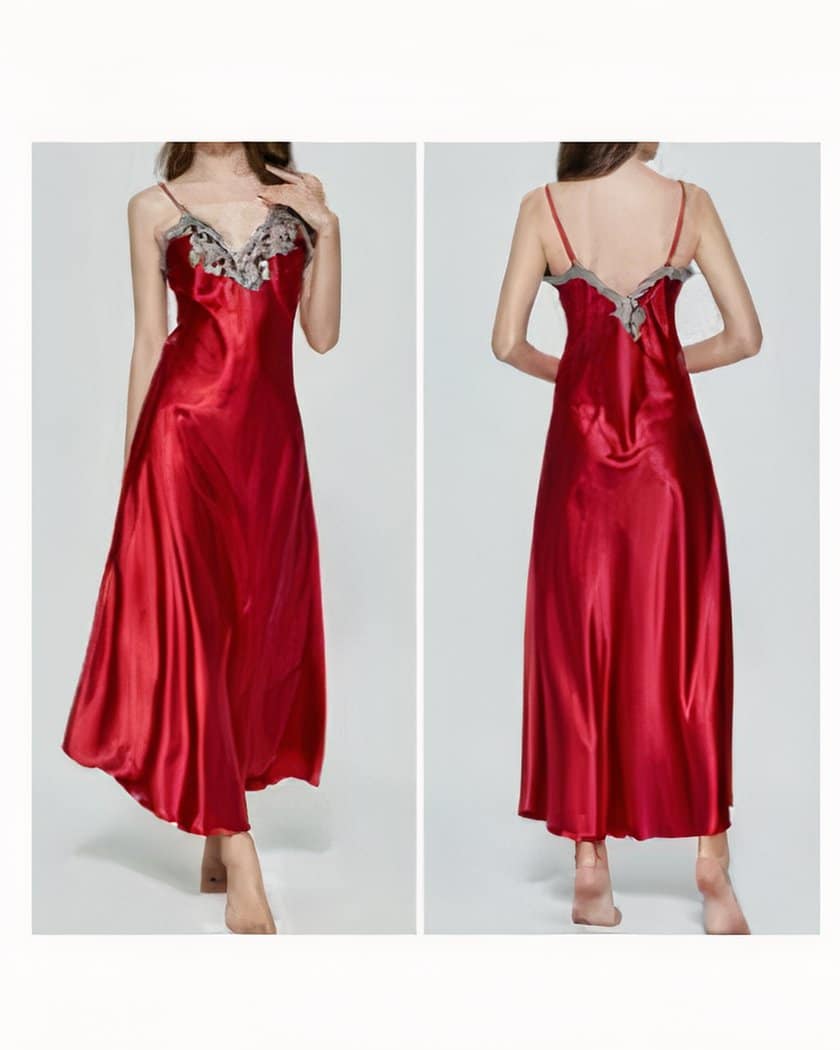 Nuisette Longue en Satin Rouge à Dos Évasé