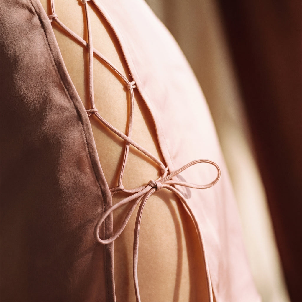 Détail macro du laçage croisé et du nœud délicat de la nuisette rose