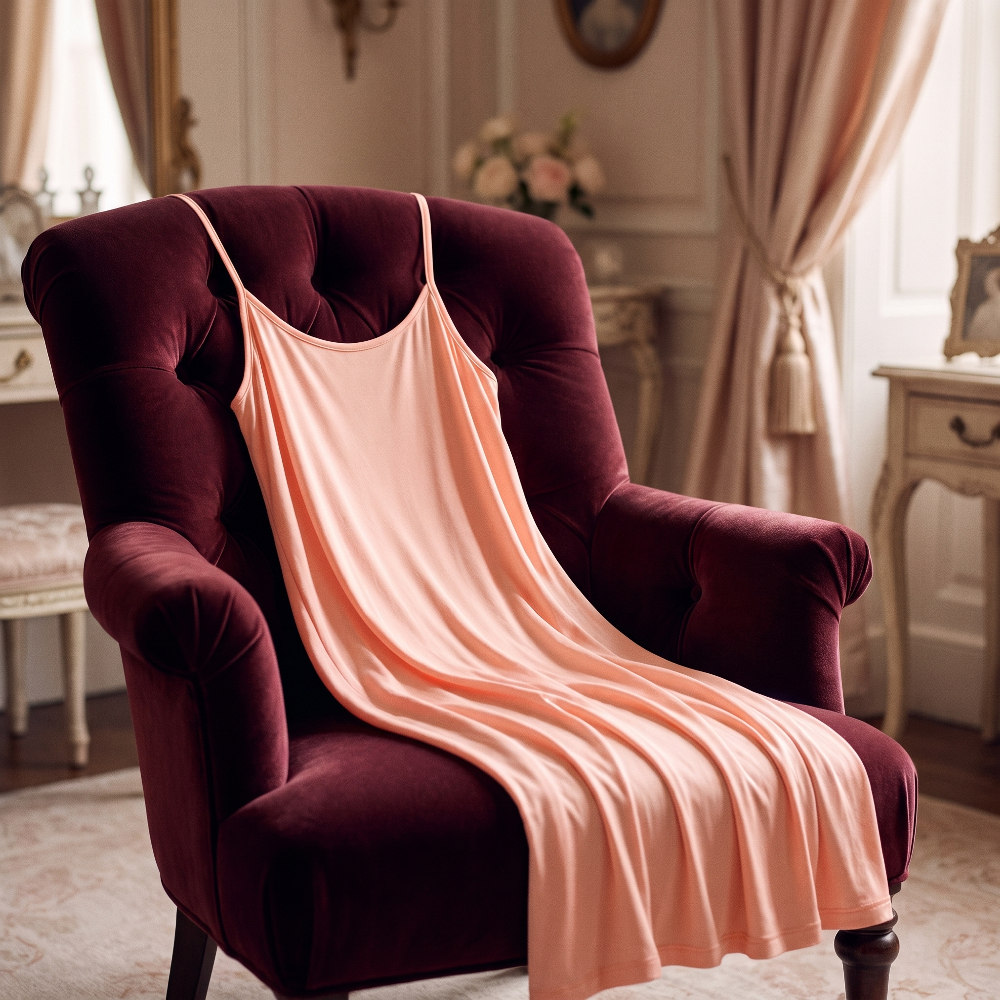 Nuisette rose drapée sur un fauteuil boudoir pour un réveil calme chez soi Image