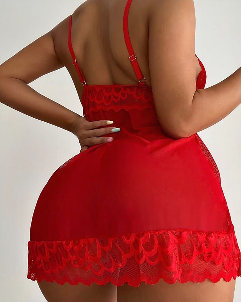 Nuisette babydoll rouge en dentelle et voile
