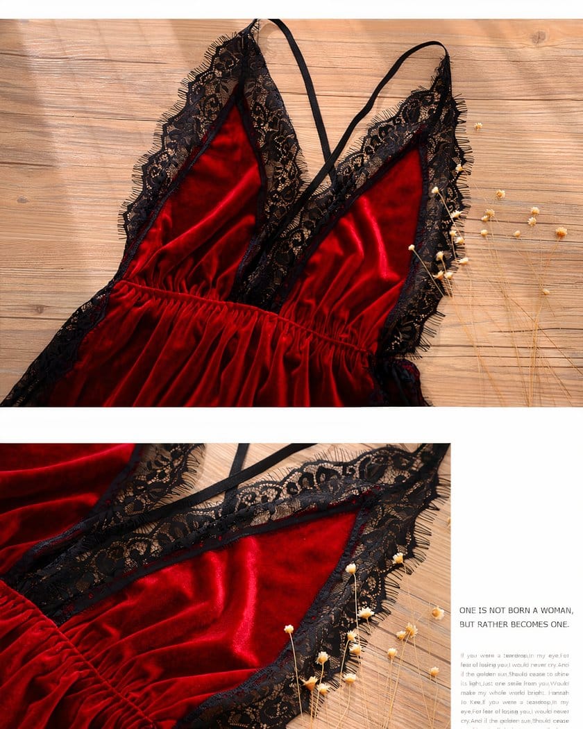 Nuisette Longue en Velours Rouge à Dentelle Noire