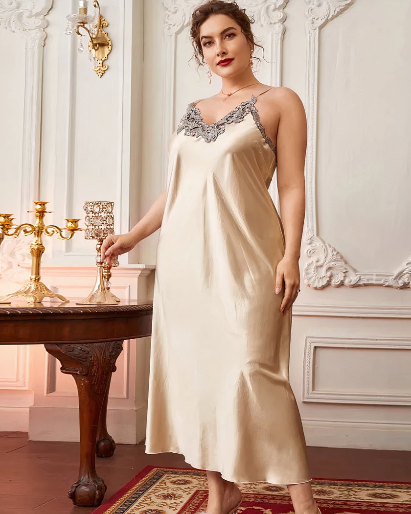 Nuisette Sans Manche Grande Taille en Satin et Dentelle