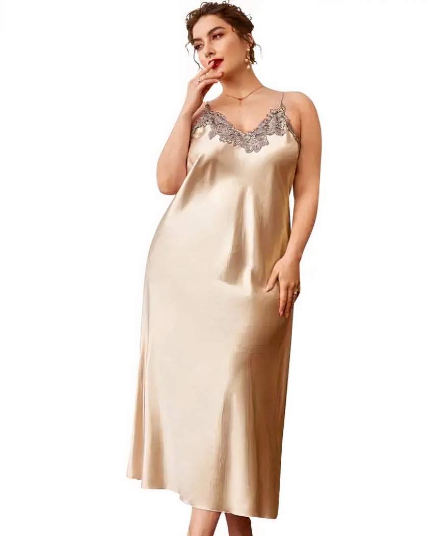 Nuisette Sans Manche Grande Taille en Satin et Dentelle