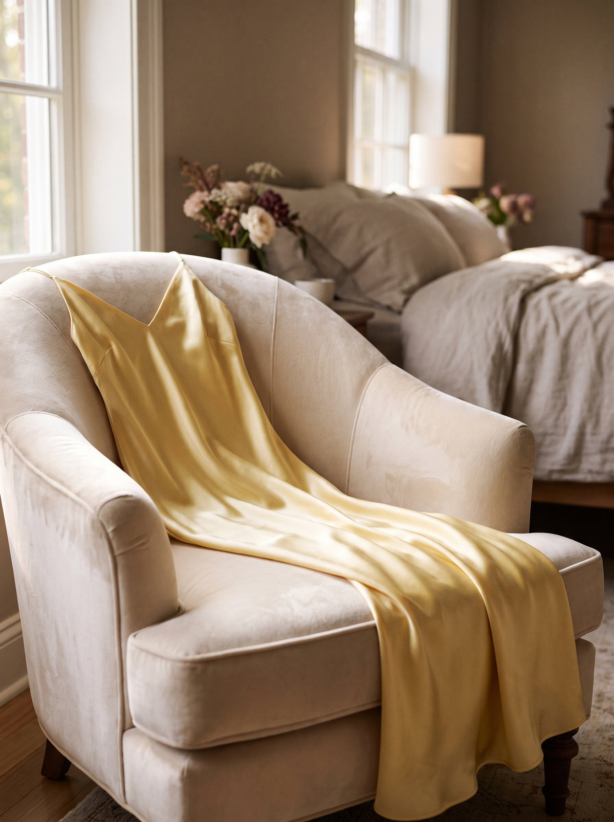 Nuisette sans manche jaune et longue en satin drapee sur un fauteuil boudoir