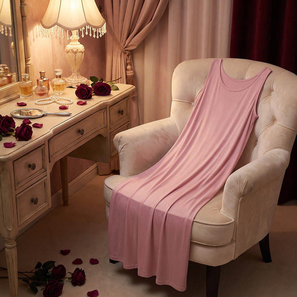 Nuisette sans manche rose posée sur un fauteuil de boudoir