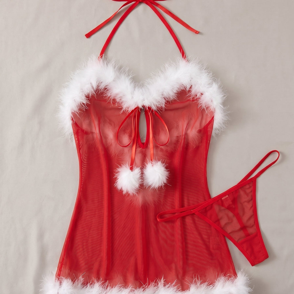 L'esprit de Noël en version coquine — Nuisette de Noël Rouge Sexy en Résille et Fourrure