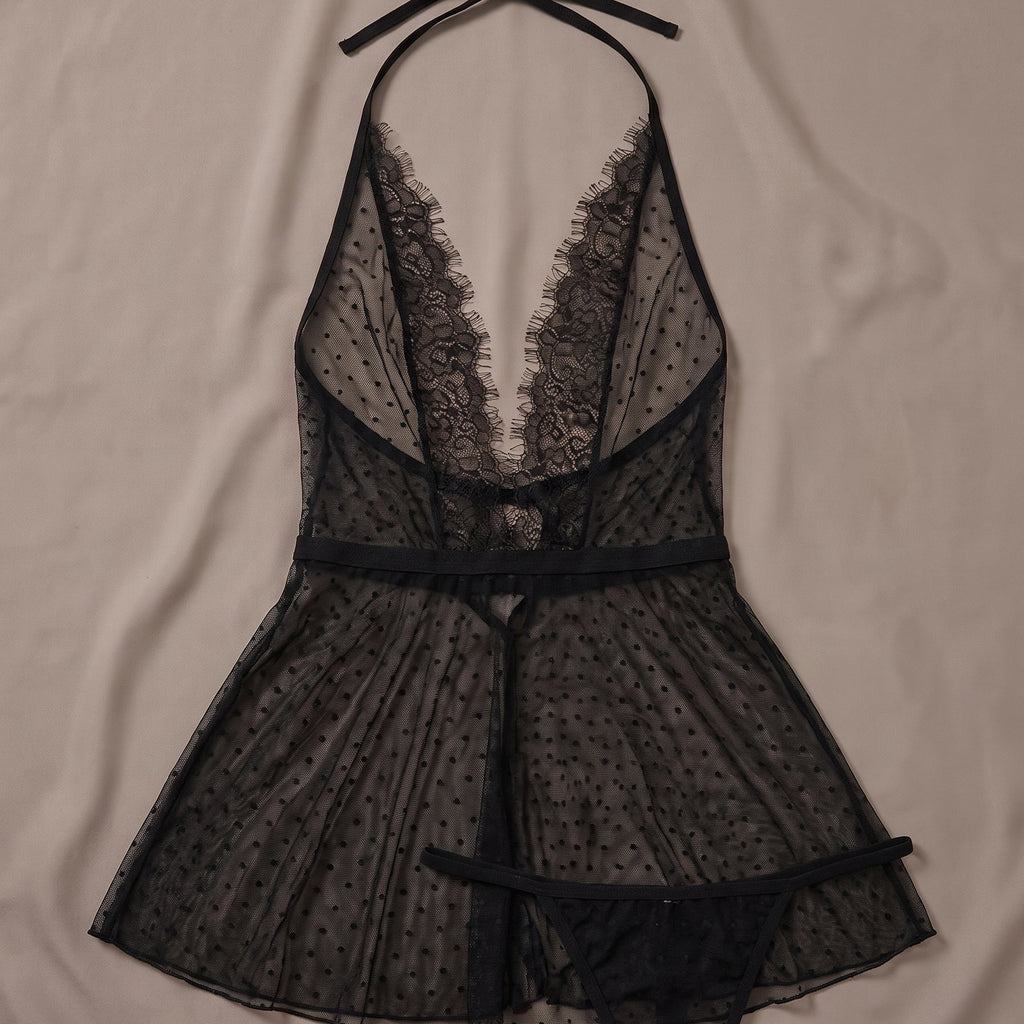 L'audace d'un mesh à pois transparent — Nuisette Babydoll Noire en Mesh à Pois Transparent
