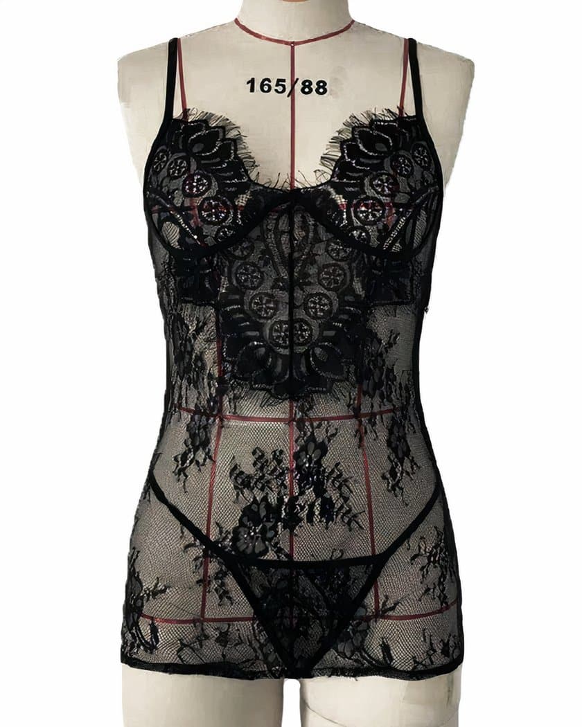 Nuisette Babydoll Noire en Dentelle Transparente et String