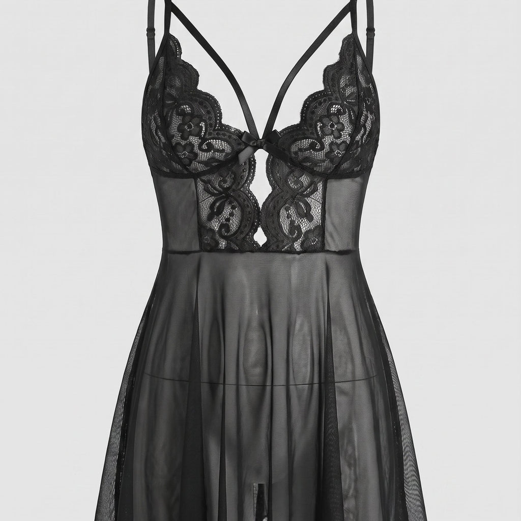 Le noir de la séduction — Nuisette babydoll noire en dentelle et voile