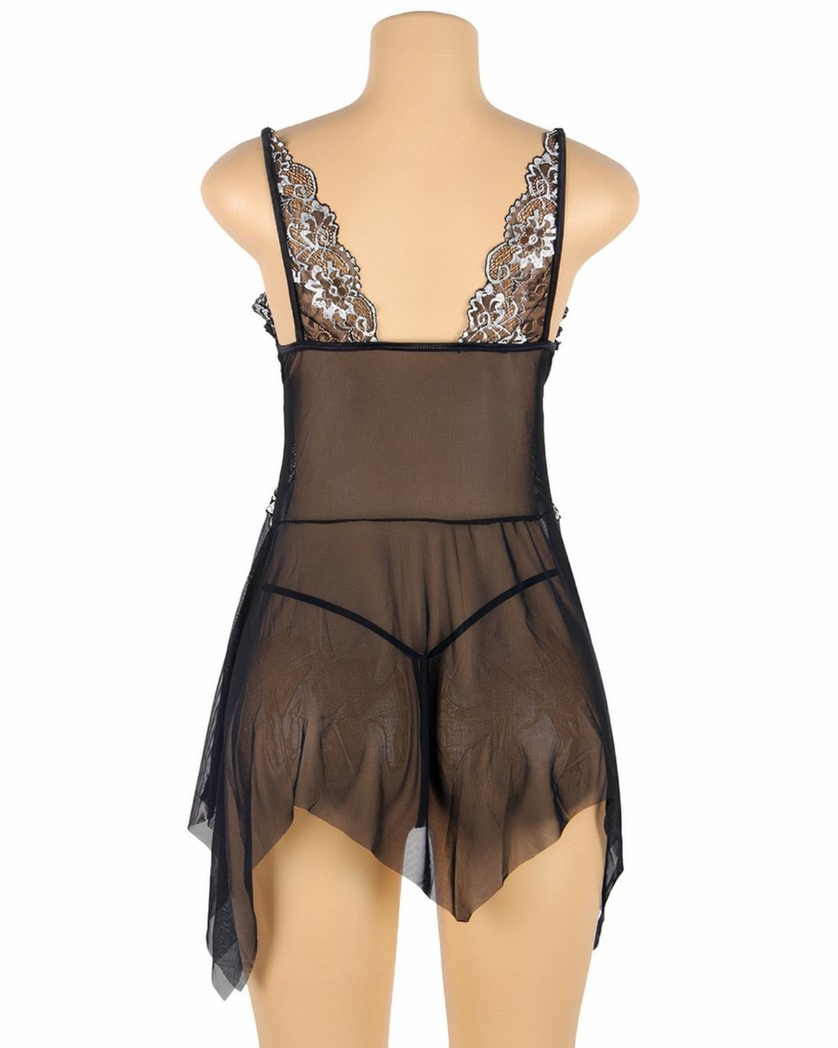 Dos de la nuisette noire en dentelle, bretelles spaghetti et transparence du voile