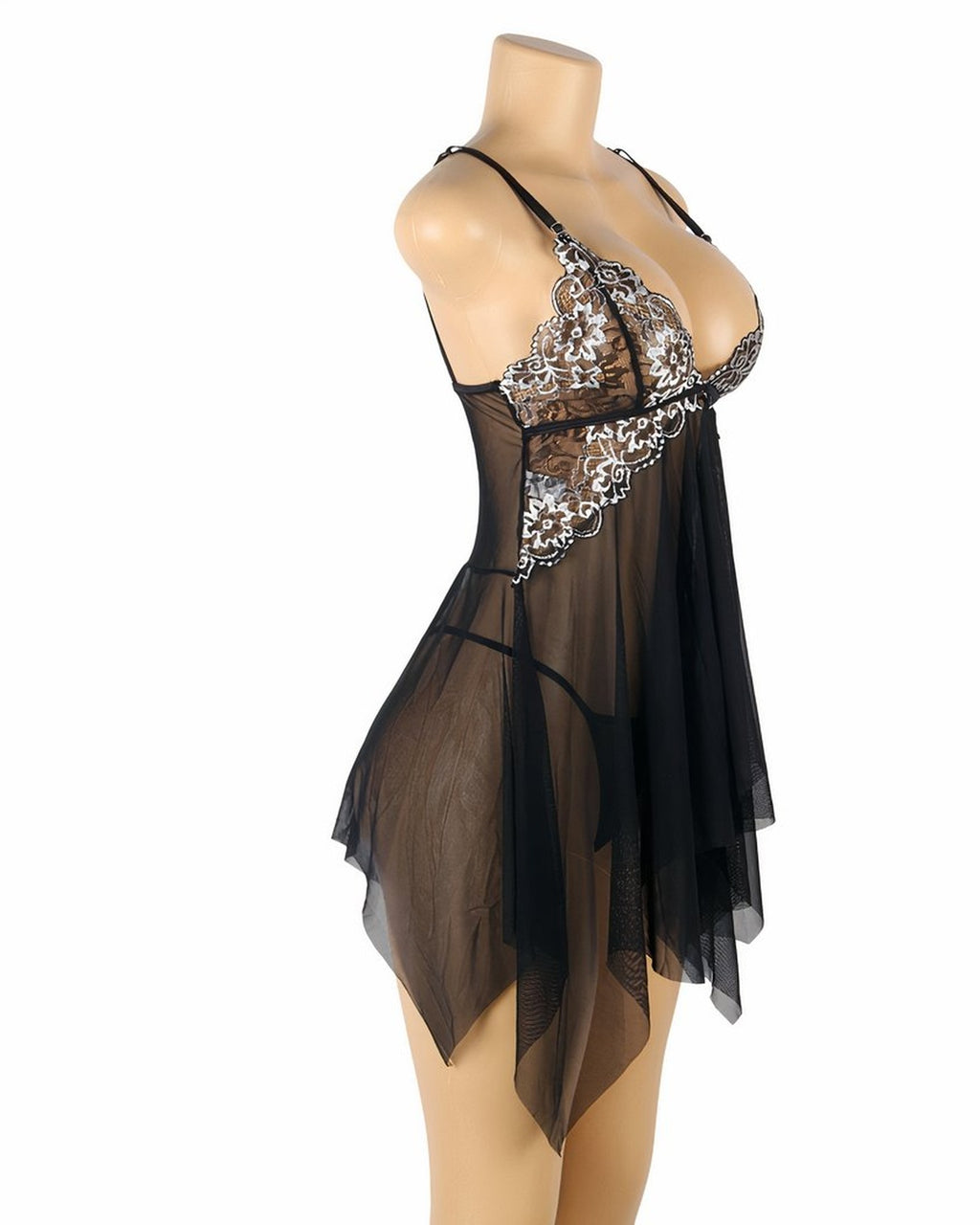 Nuisette noire dentelle vue de profil sur mannequin, dos nu et ourlet asymétrique