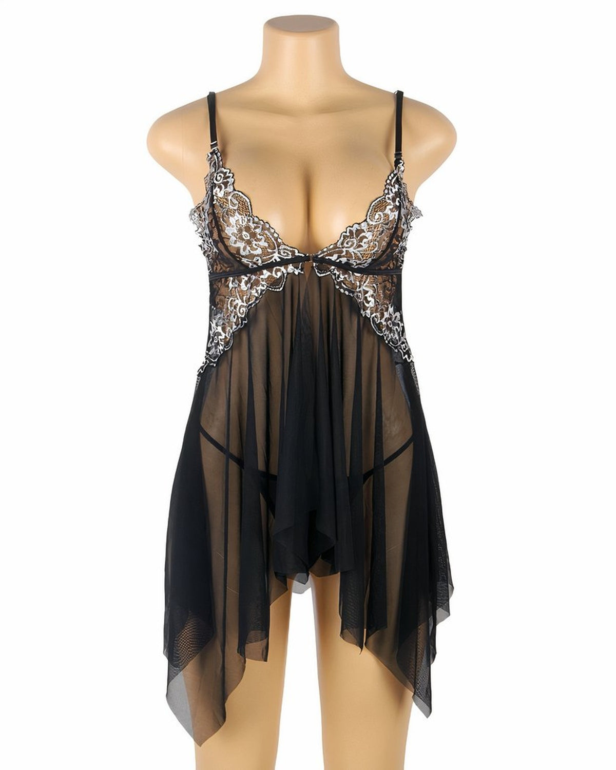 Nuisette noire transparente face mannequin, décolleté V profond et dentelle brodée