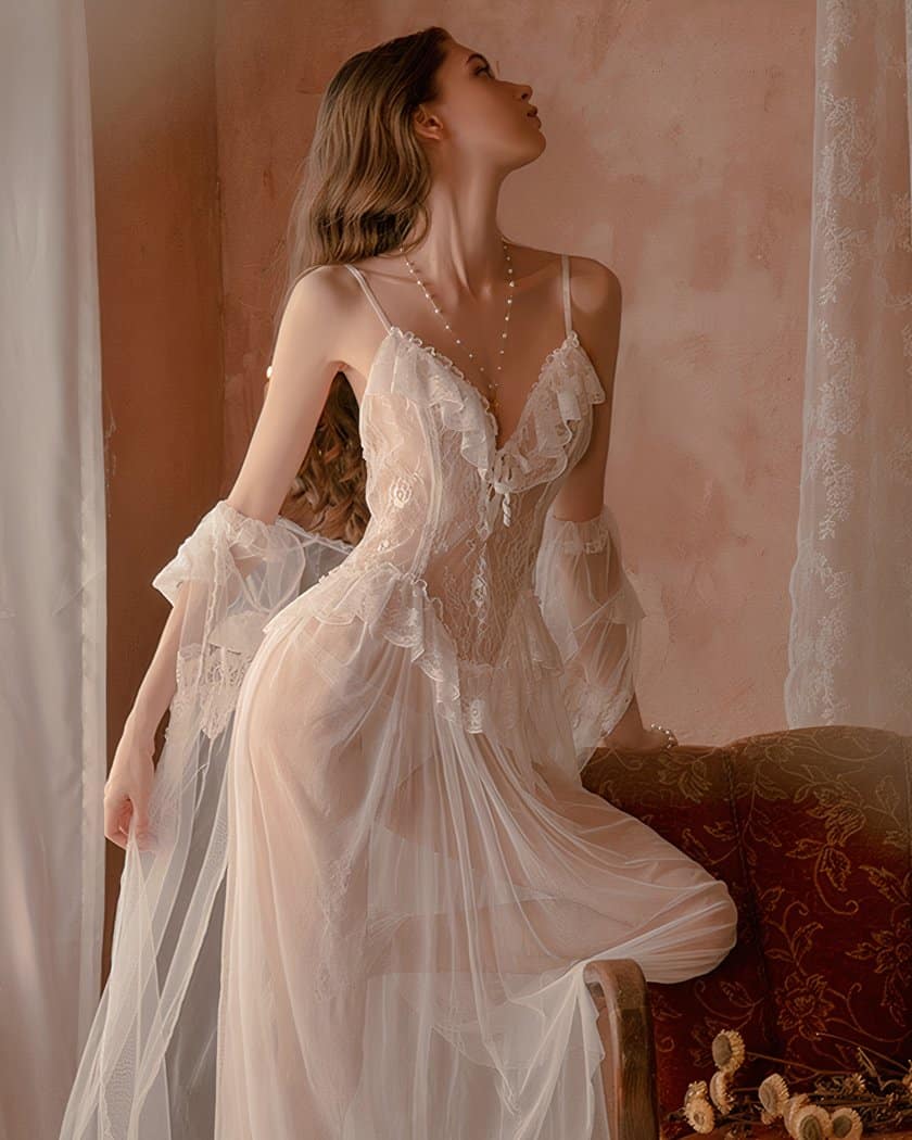 Nuisette Longue Transparente Vintage en Tulle