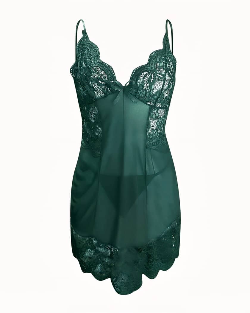 Nuisette babydoll verte en dentelle et voile