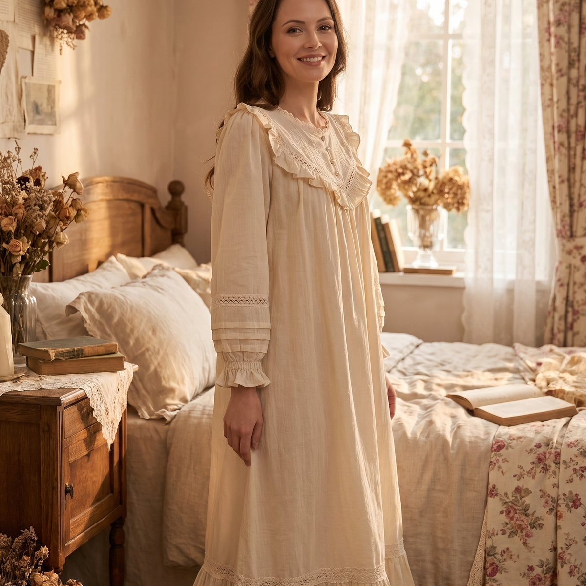 Une pièce d'exception — Nuisette longue vintage en coton beige