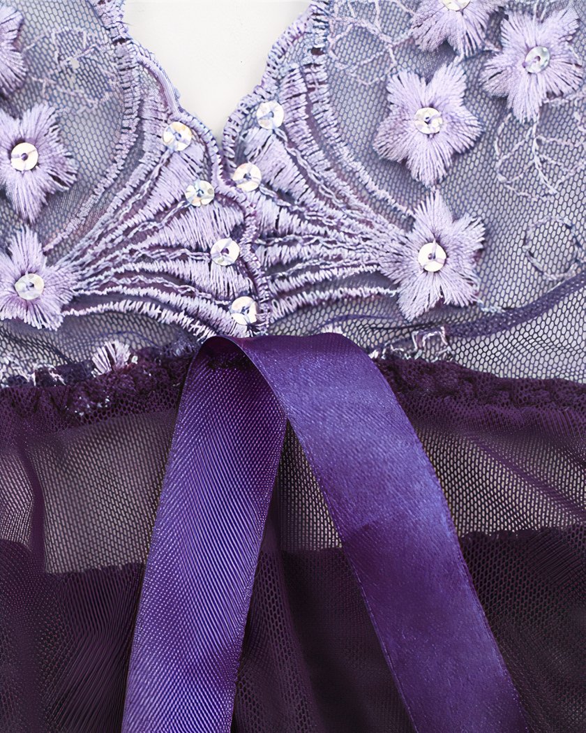 Nuisette babydoll violette brodée grande taille