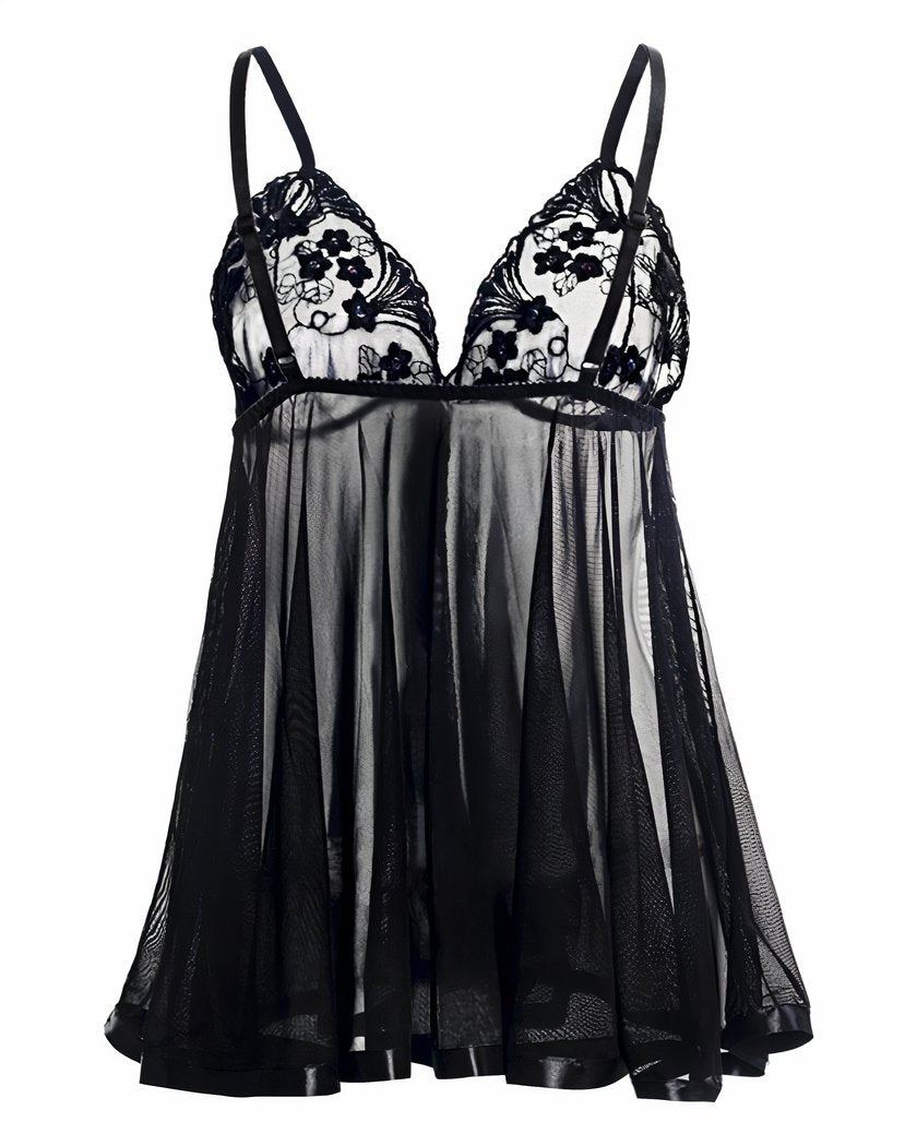 Nuisette babydoll noire brodée et voile