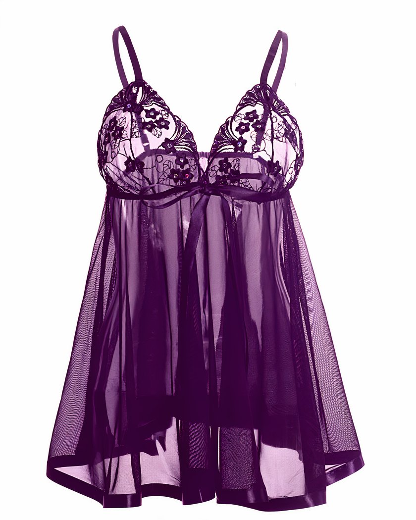 Nuisette babydoll violette brodée grande taille