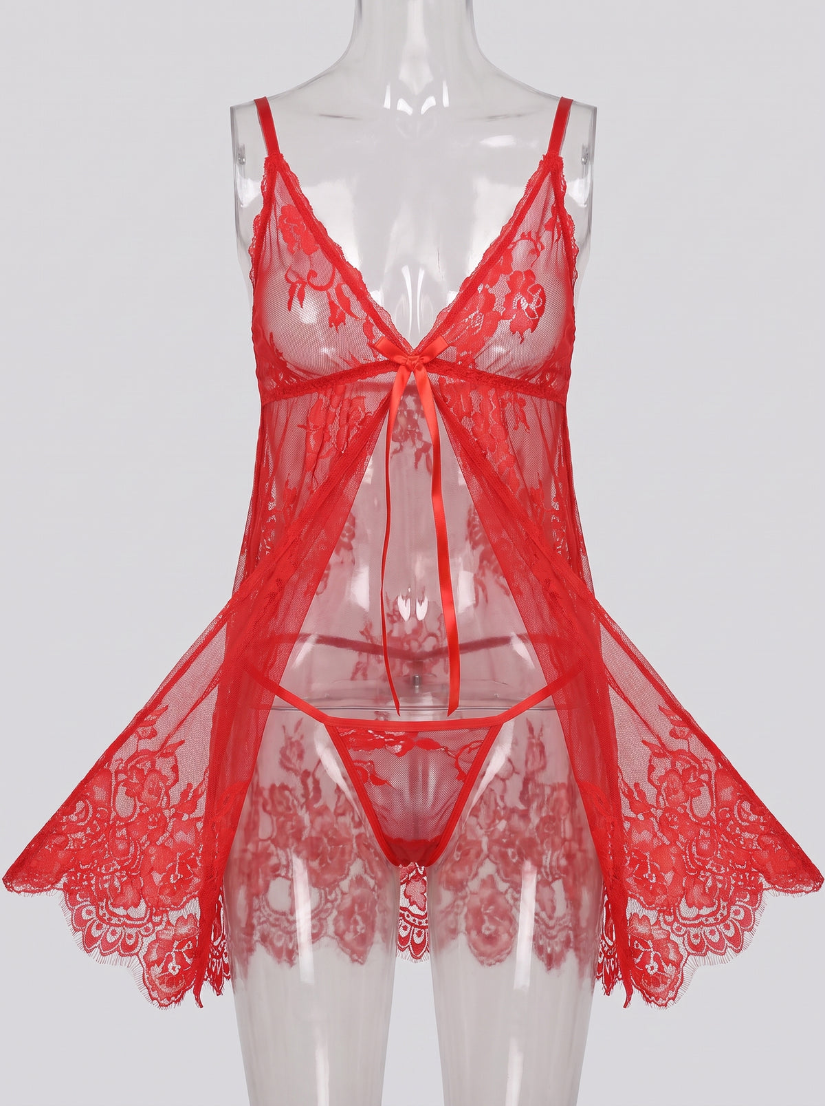 Nuisette babydoll rouge en dentelle florale transparente ouverte devant avec string, packshot mannequin invisible