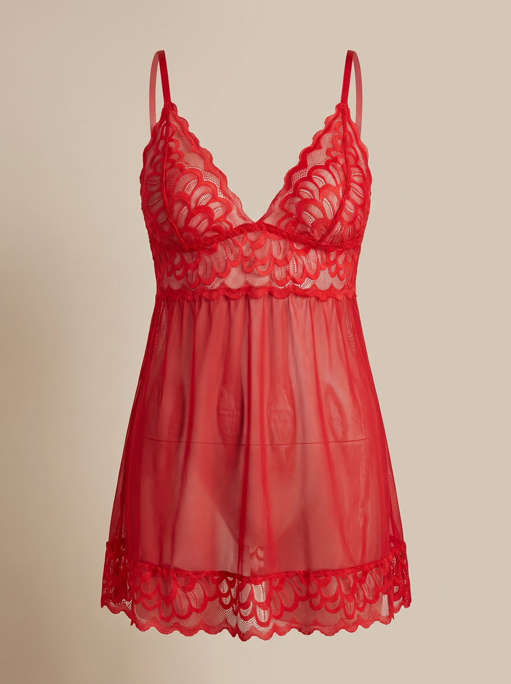 Nuisette babydoll rouge en dentelle et voile transparent, packshot mannequin invisible