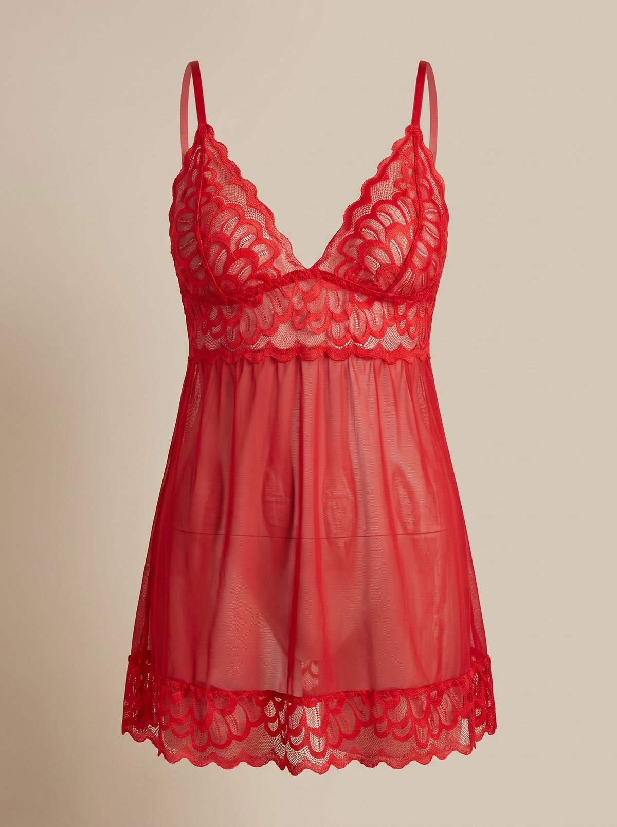 Nuisette babydoll rouge en dentelle et voile transparent, packshot mannequin invisible