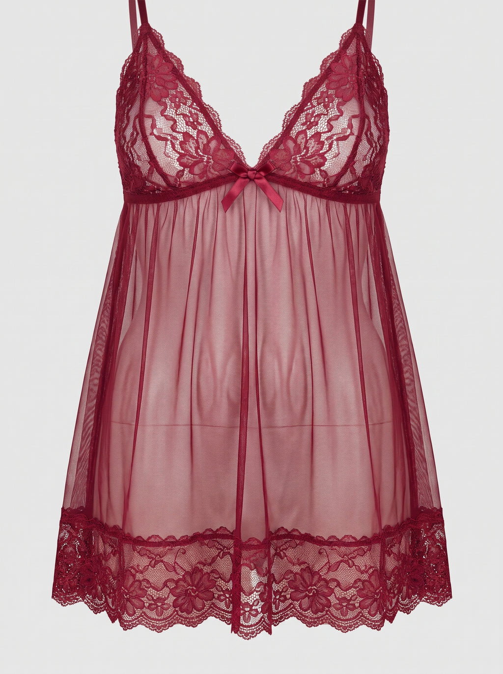 Nuisette babydoll rouge bordeaux en dentelle et voile transparent, packshot mannequin invisible