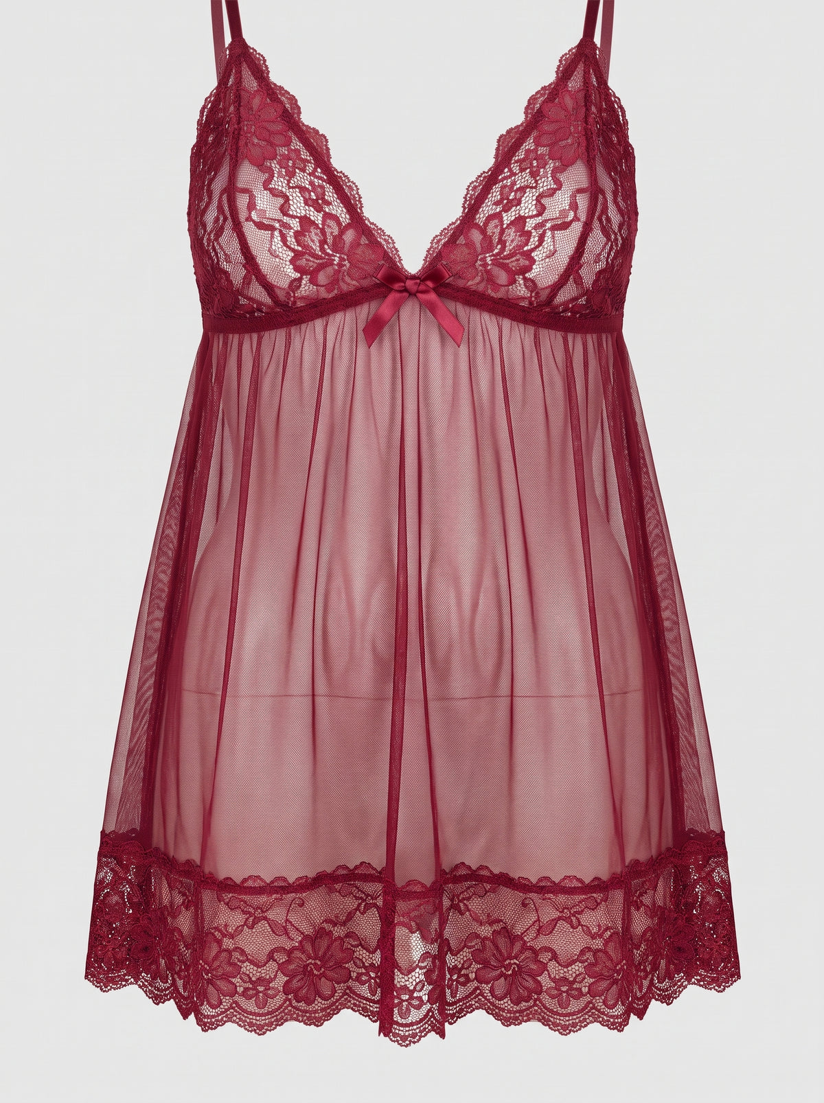 Nuisette babydoll rouge bordeaux en dentelle et voile transparent, packshot mannequin invisible