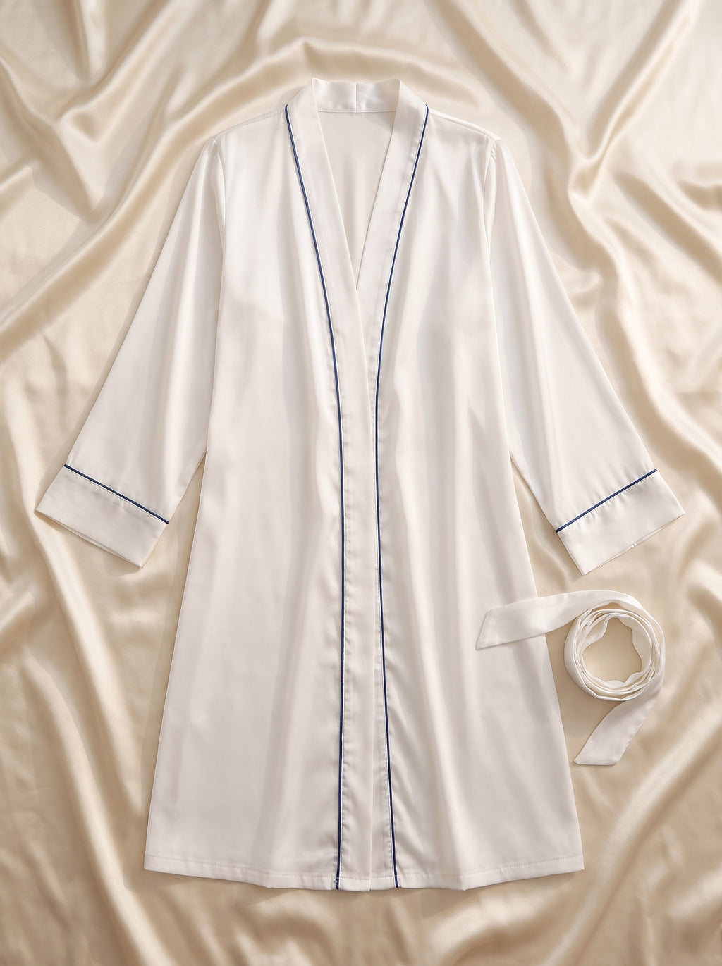 Kimono blanc en satin posé à plat avec sa ceinture