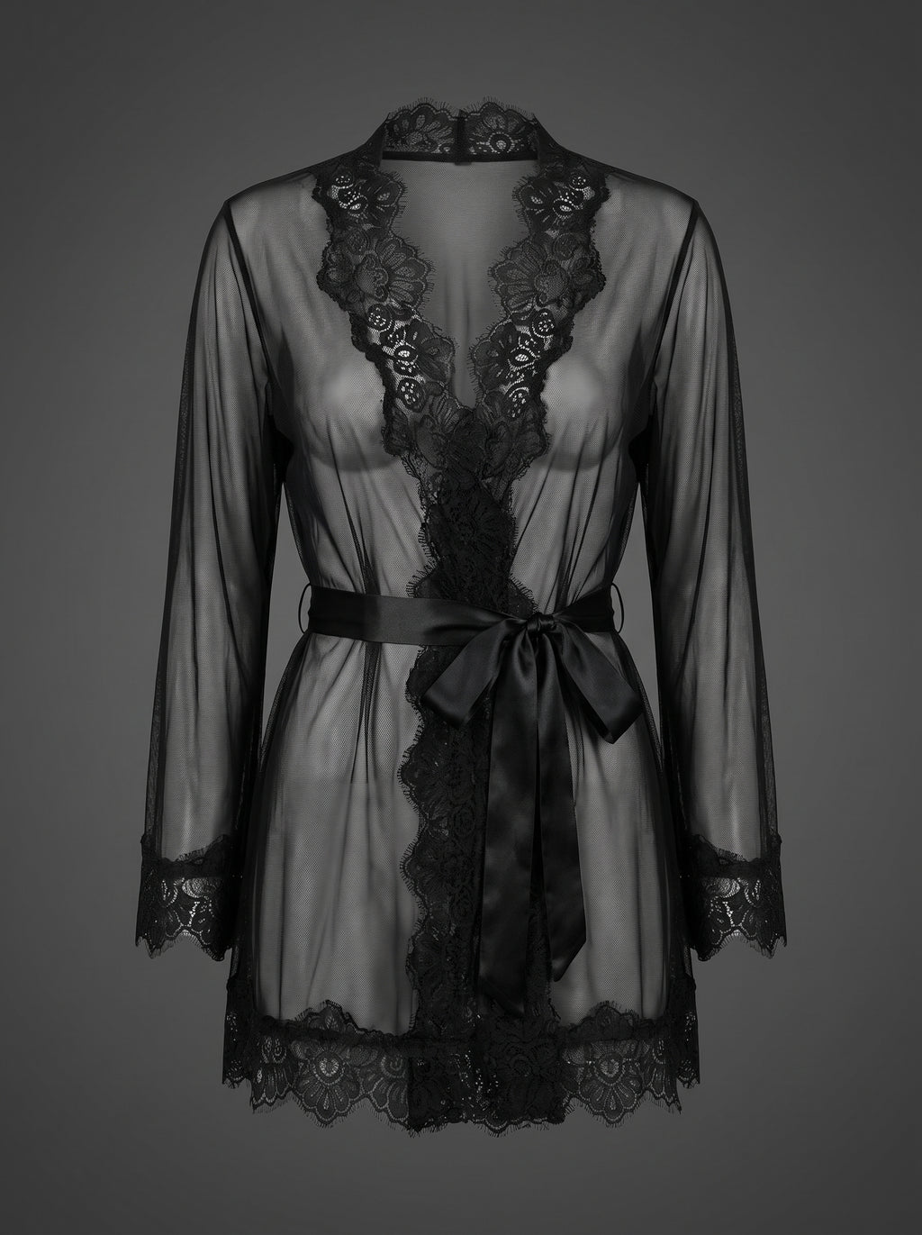 Nuisette peignoir noir transparent en voile et dentelle, packshot mannequin invisible