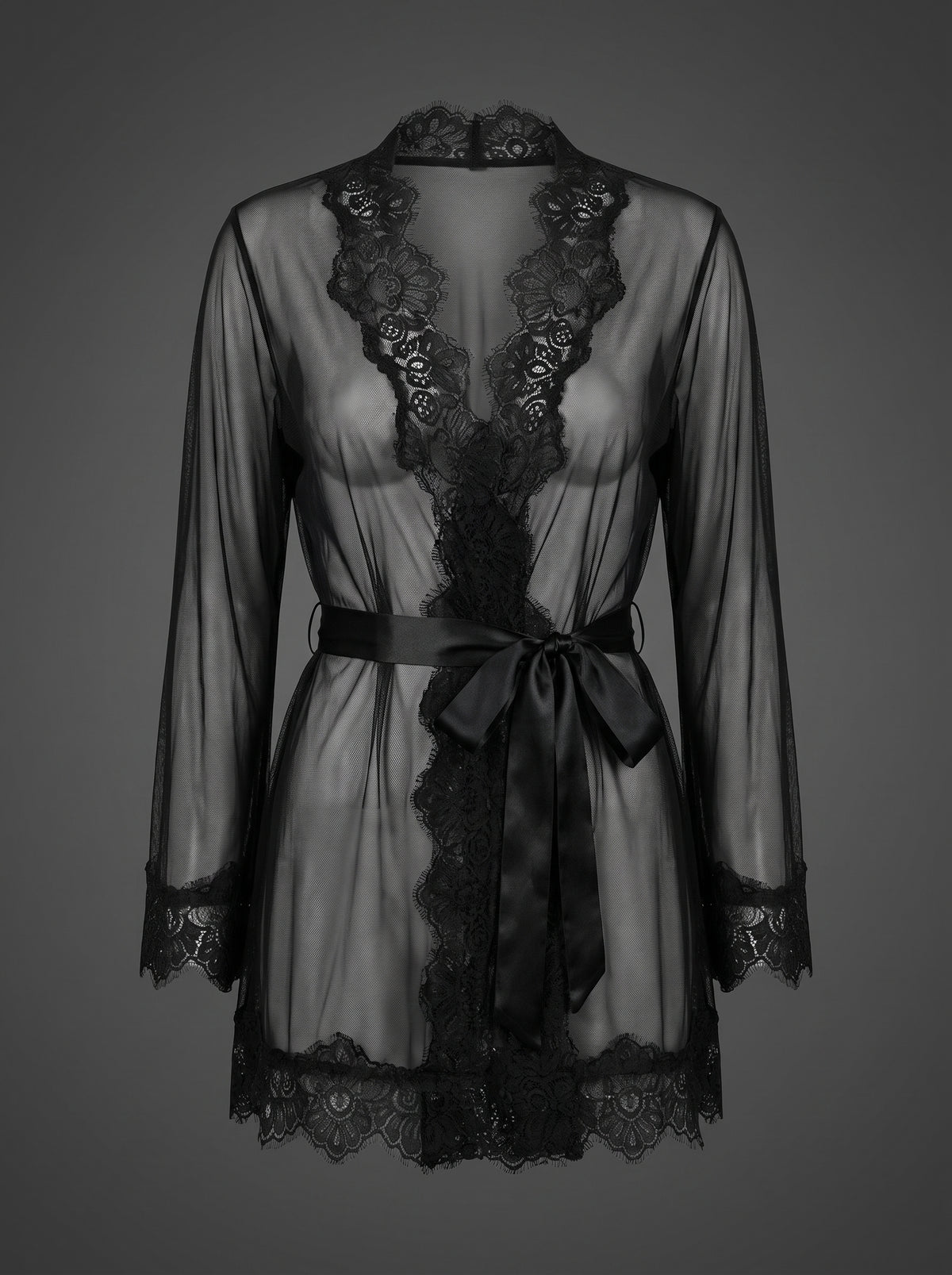 Nuisette peignoir noir transparent en voile et dentelle, packshot mannequin invisible