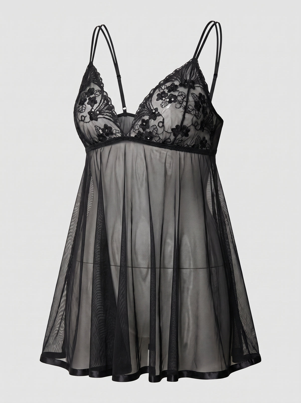 Nuisette babydoll noire brodée et voile transparent, packshot mannequin invisible