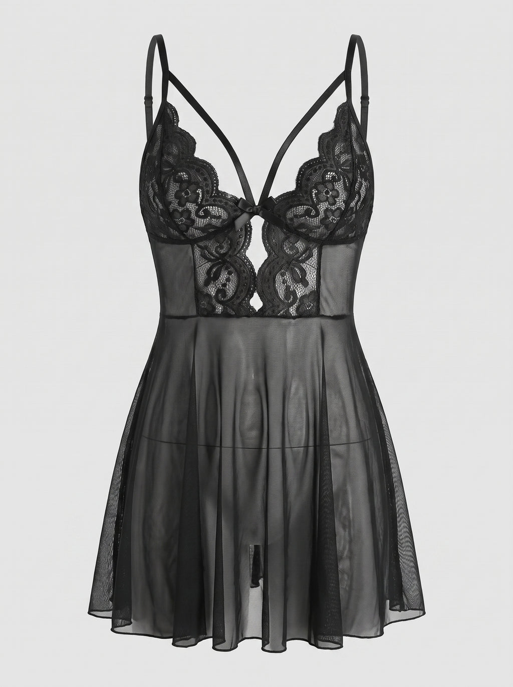 Nuisette babydoll noire en dentelle et voile transparent, packshot mannequin invisible