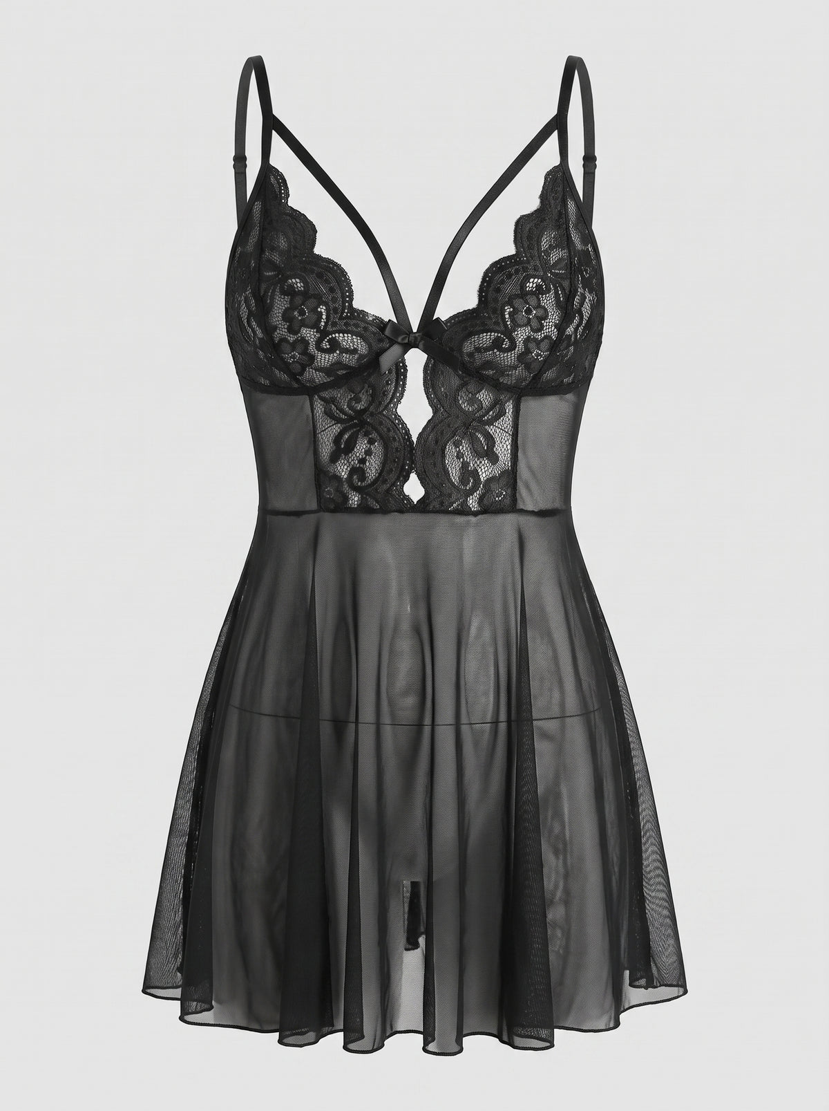 Nuisette babydoll noire en dentelle et voile transparent, packshot mannequin invisible