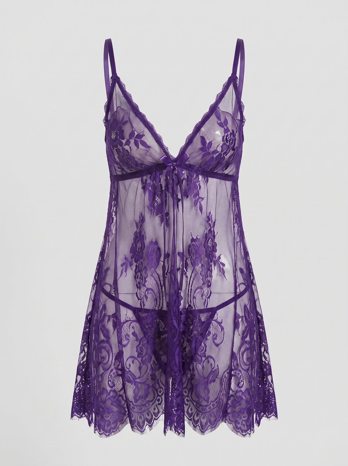 Nuisette babydoll violette en dentelle florale transparente avec string, packshot mannequin invisible