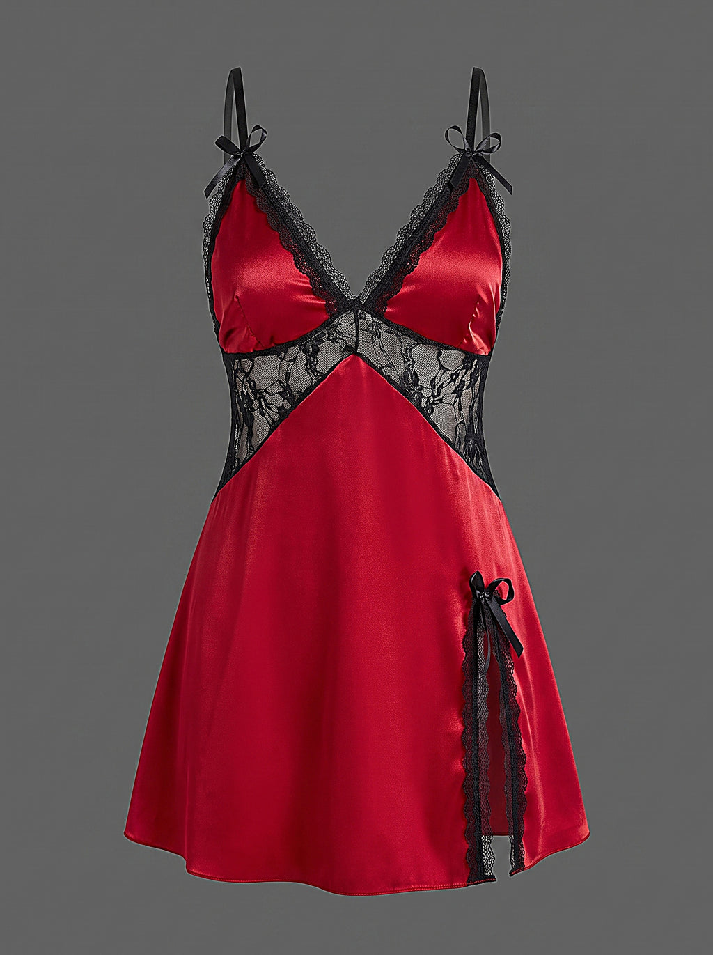 Nuisette en satin rouge et dentelle noire à col en V, packshot mannequin invisible