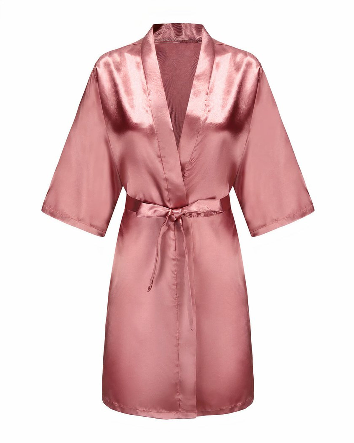 Le peignoir vu de devant, revers de satin croisé et ceinture nouée en boucle souple