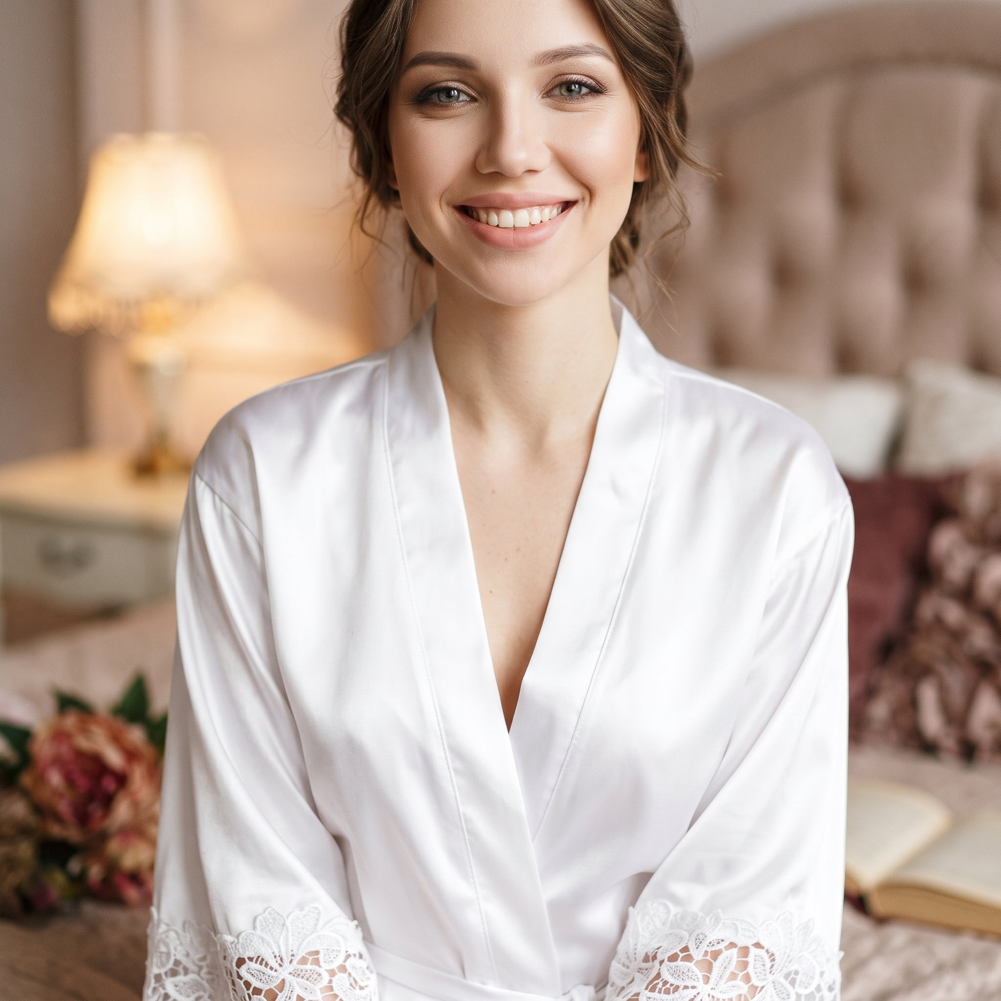 Plan poitrine modele souriante peignoir bride blanc col V Image