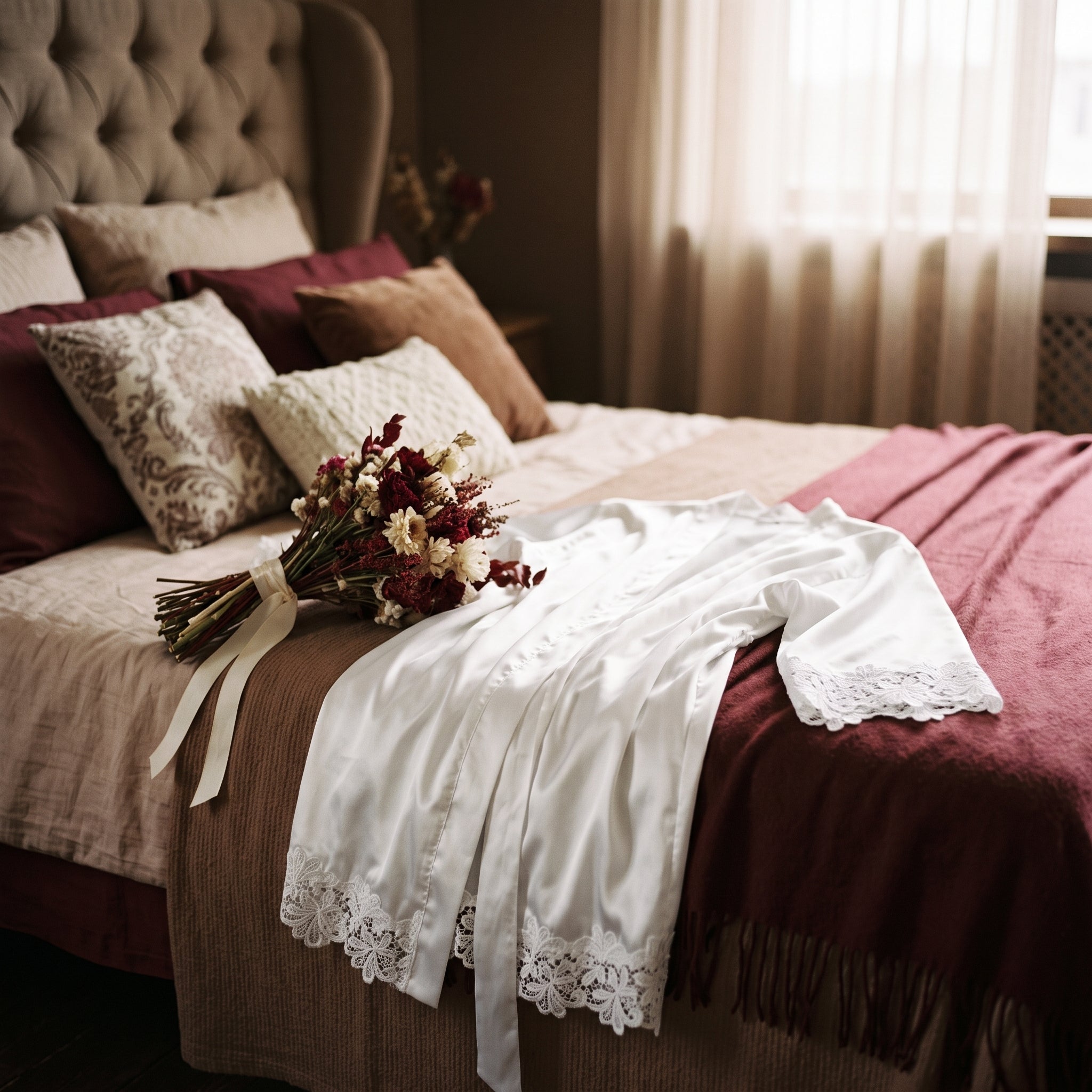Peignoir bride blanc drape lit boudoir tons bordeaux creme Image
