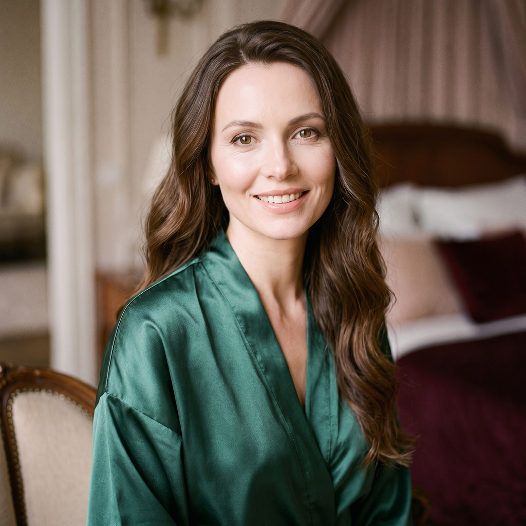 Femme souriante en peignoir vert satiné dans un boudoir de mariage
