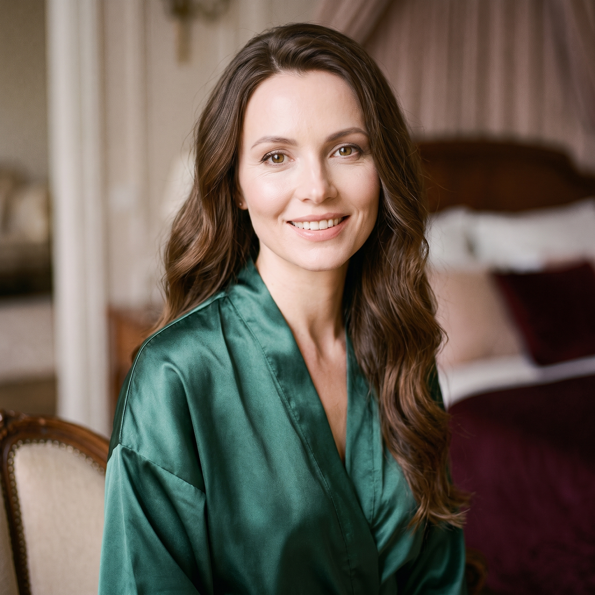 Femme souriante en peignoir vert satiné dans un boudoir de mariage
