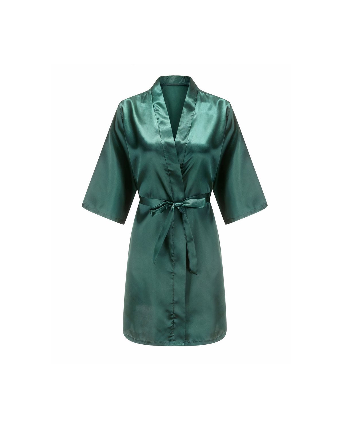 Peignoir vert satiné court avec manches trois-quarts et ceinture