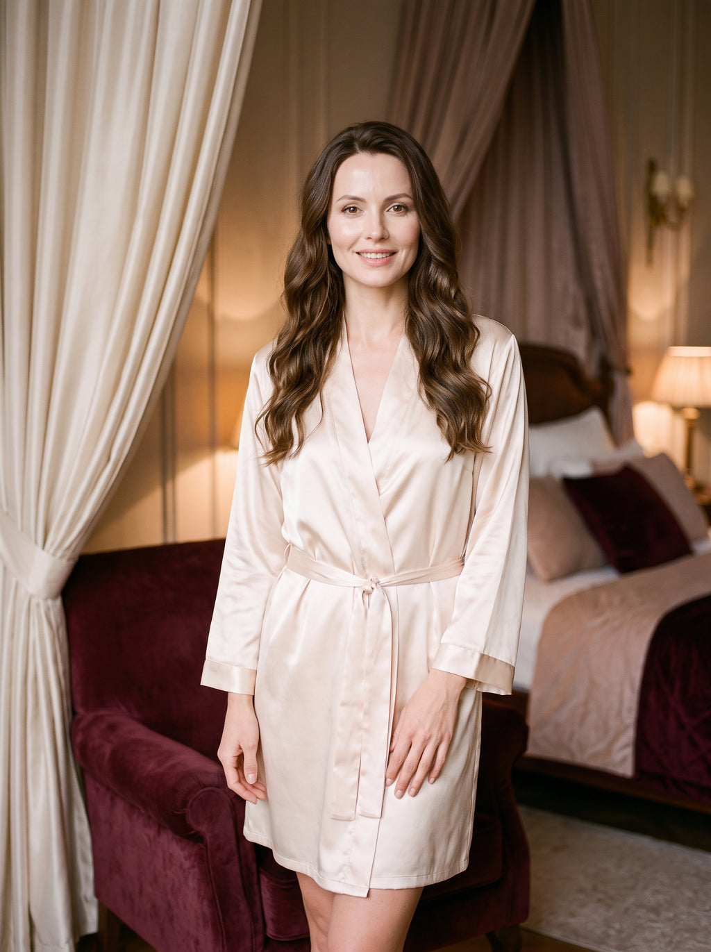 La mariee en peignoir beige satine, souriante dans une chambre boudoir aux tons creme et bordeaux