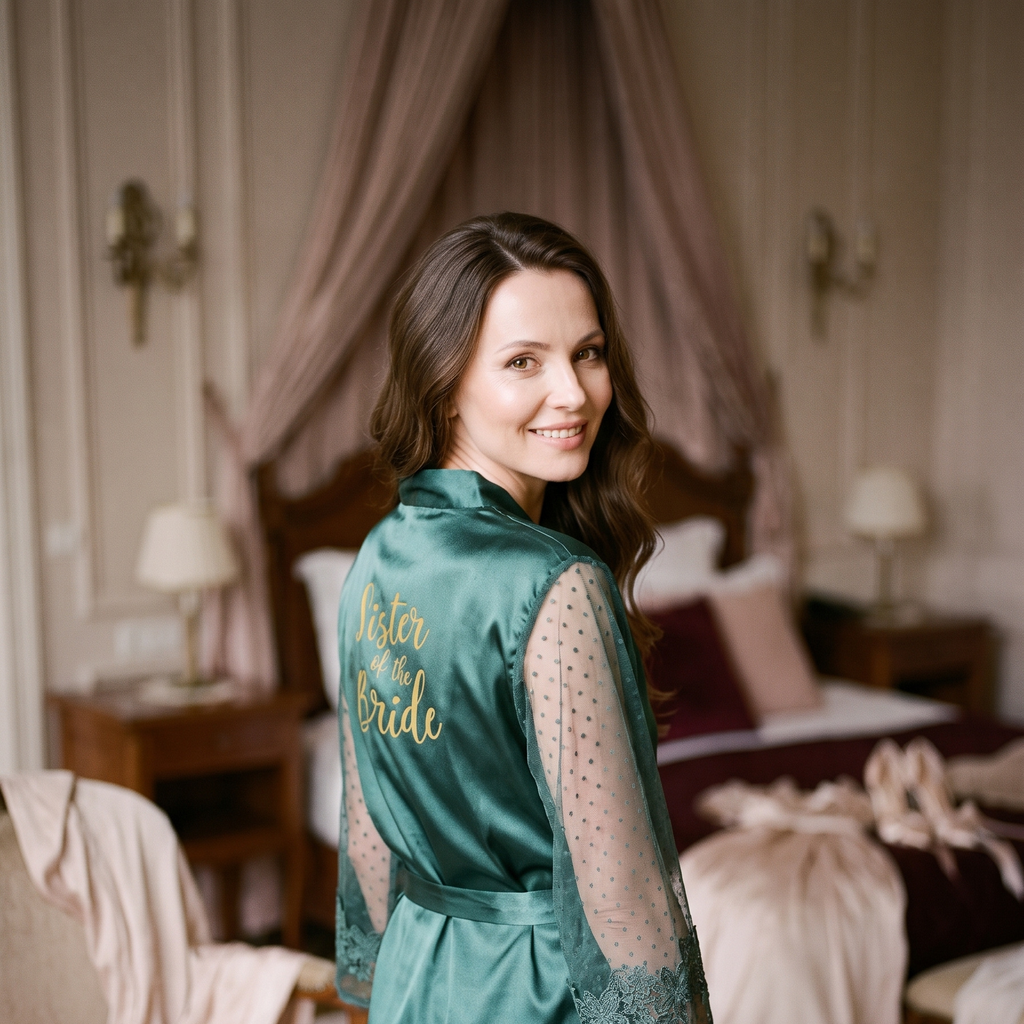 Inscription Sister of the Bride au dos du peignoir vert à manches en dentelle